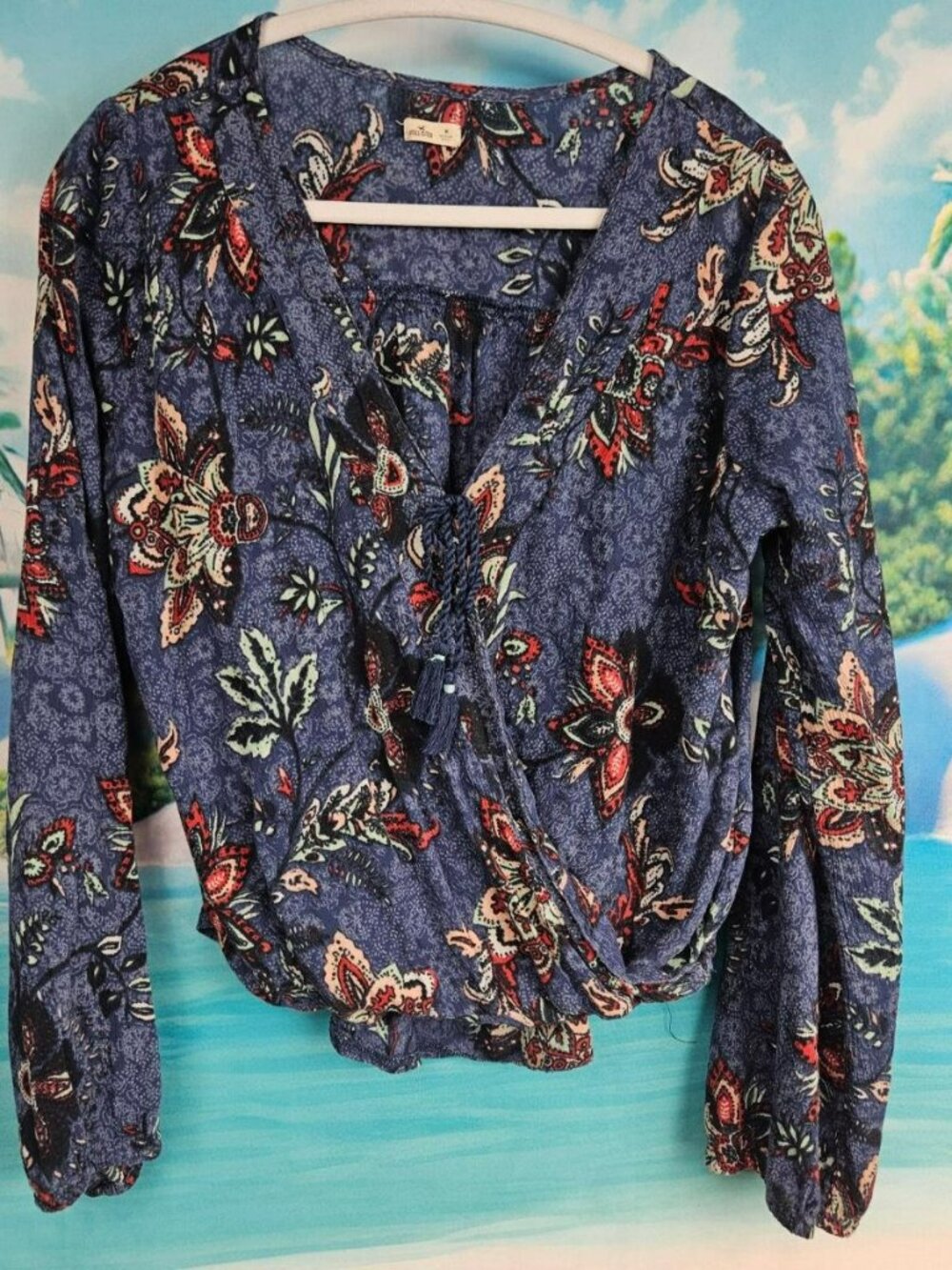 Hollister Blue Shirt Womens M Blouse Floral Boho Top Geometric Pattern Long